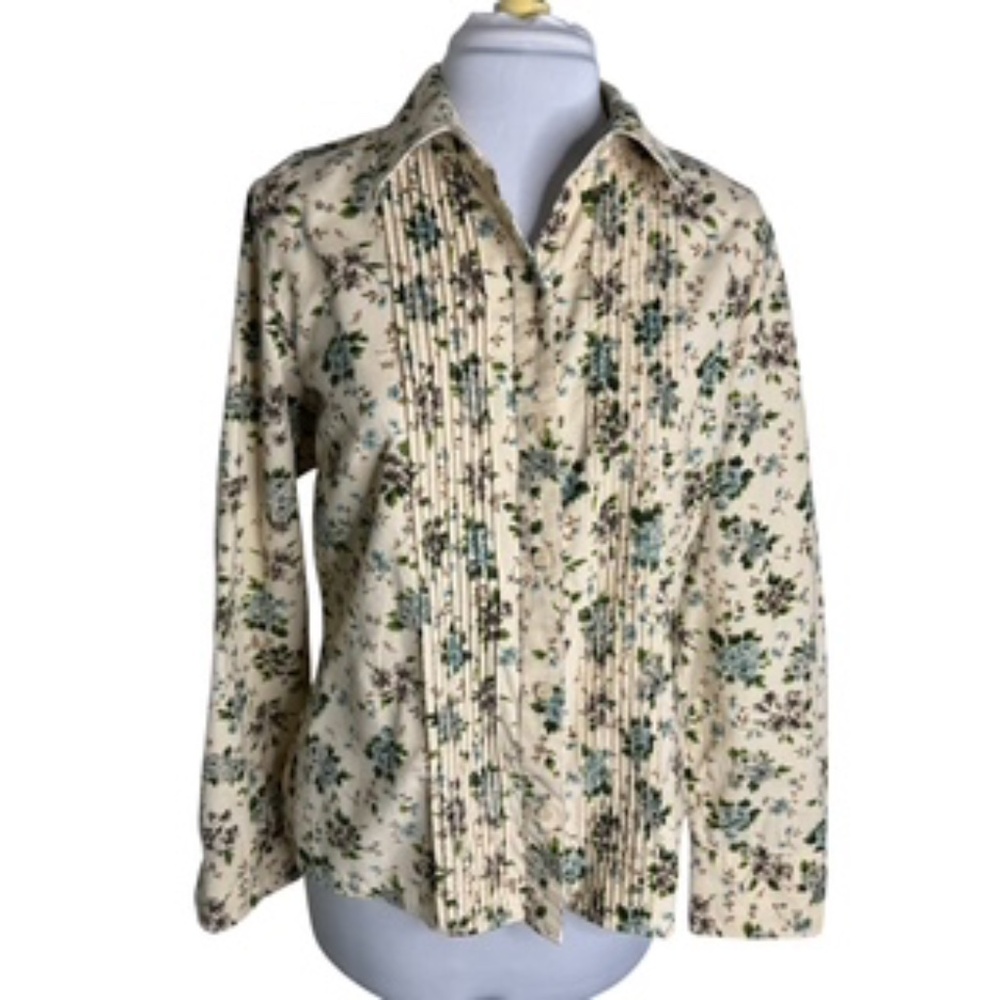 NWOT Liz Claiborne Long Sleeve Floral Button Down Corduroy Mini-Tucks Front Sz L